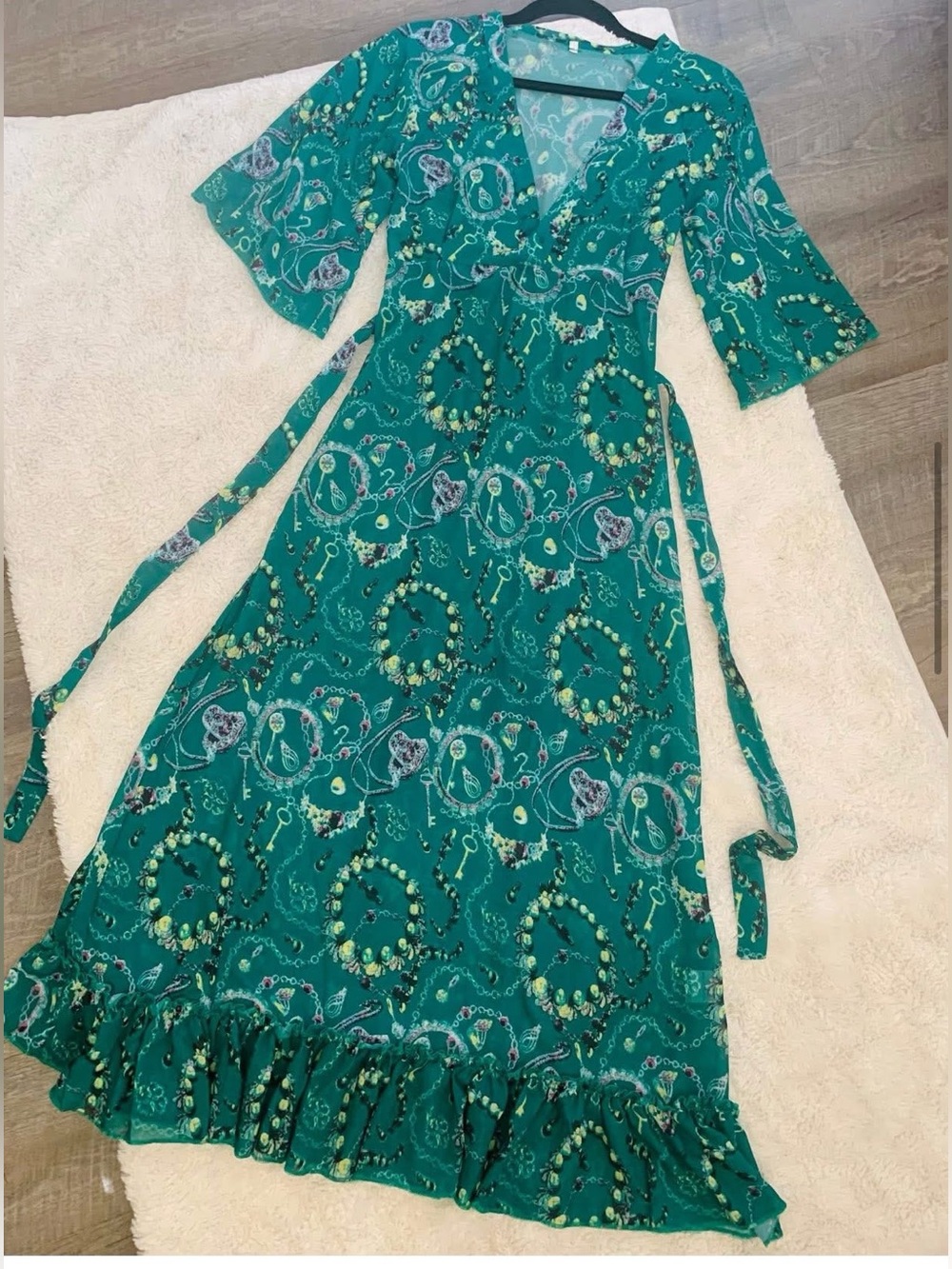 Teal Floral Wrap Dress with Ruffle Hem